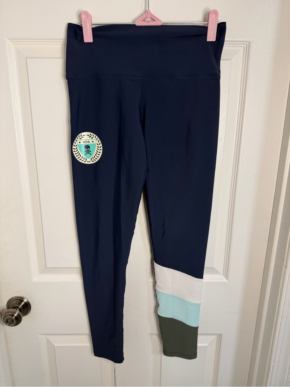 Soulcycle Leggings Asymmetrical Stripe Navy Multicolor Supportive Varsity M